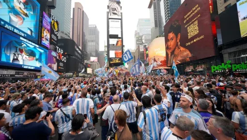 Multitudinario banderazo argentino en Times Square antes de la final